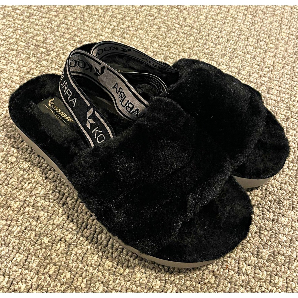 Koolaburra by UGG Slippers Women's 7 Fur Slide Black Ankle Strap Comfort